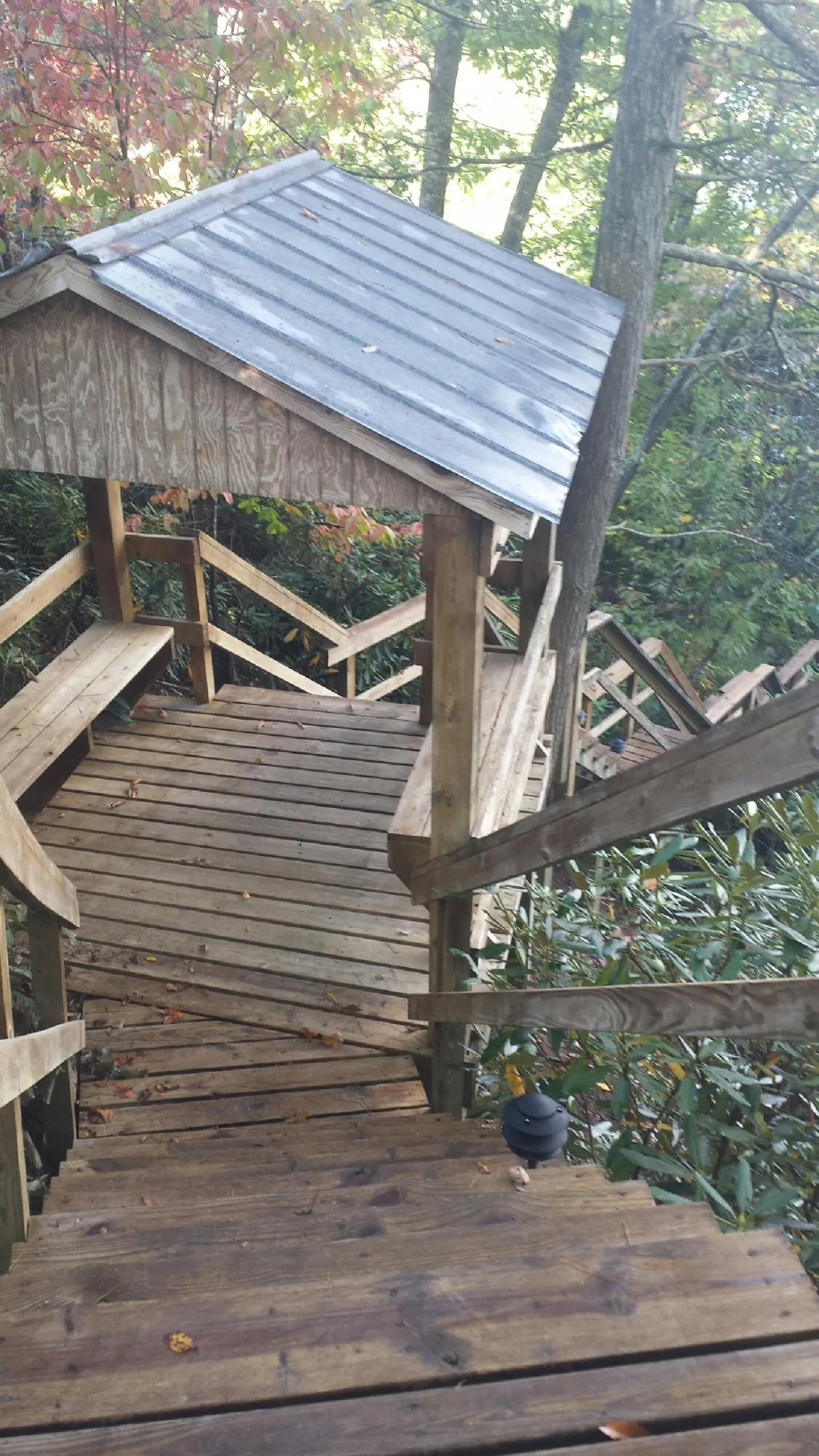 Metal roofed shelter over wooden steps on a wooded walkway — Skylight Repair & Installation work by our crew in Scurry